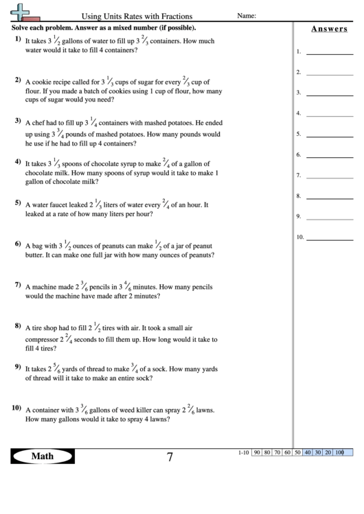 Using Units Rates With Fractions Worksheet With Answer Key Printable pdf
