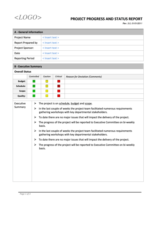 Project Progress And Status Report Printable pdf