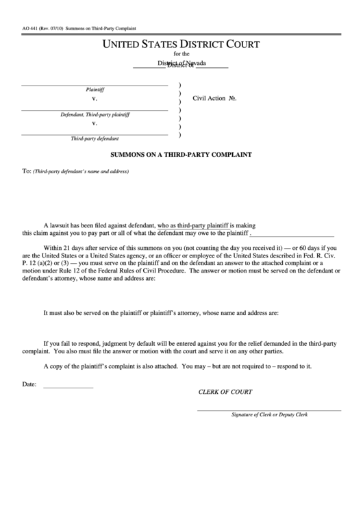 Fillable Form Ao 441 - Summons On A Thirty-Party Complaint Printable pdf