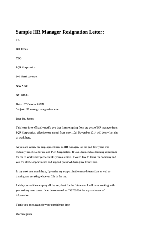 Sample Hr Manager Resignation Letter Template Printable pdf