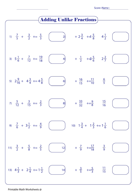 Adding Unlike Fractions printable pdf download