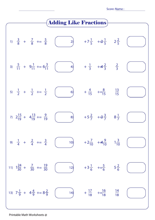 Adding Like Fractions 2 Printable pdf