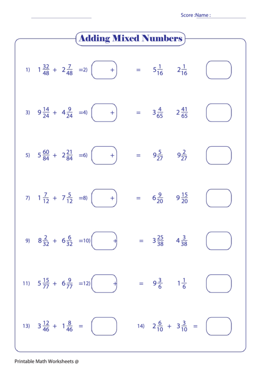 Adding Mixed Numbers 3 Printable pdf