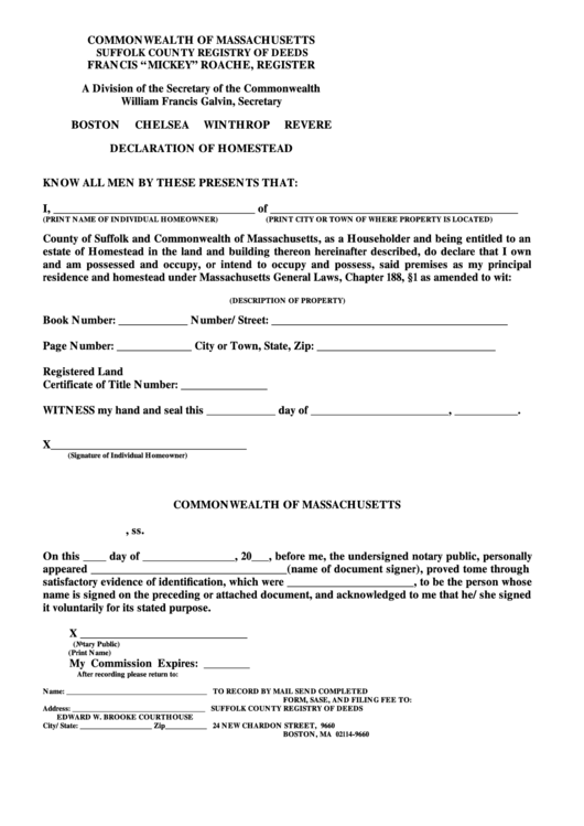 Declaration Of Homestead Form Printable pdf