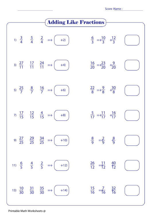 Adding Like Fractions 11 Printable pdf