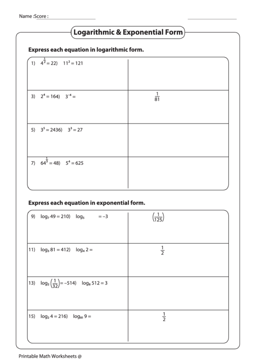Logarithmic And Exponential Form Worksheet Printable pdf