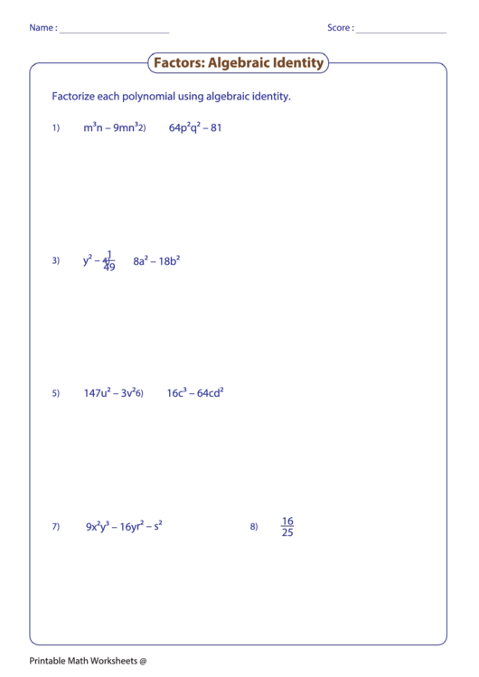Factors Algebraic Identity Worksheet Printable pdf