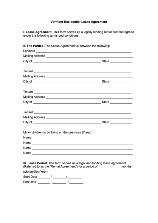 Fillable Vermont Residential Lease Agreement Template Printable pdf