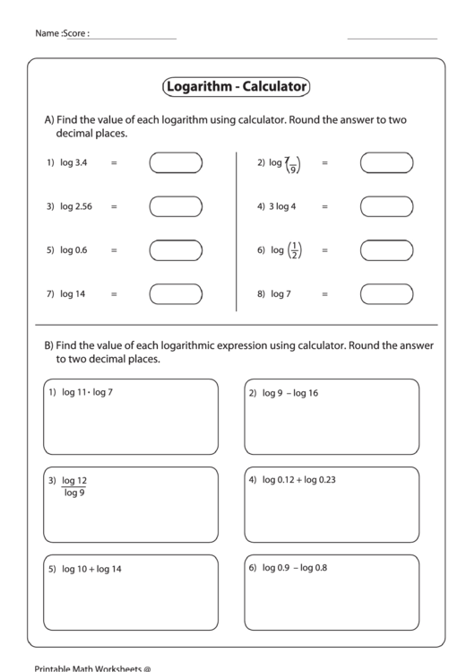 Logarithm Worksheet Printable pdf