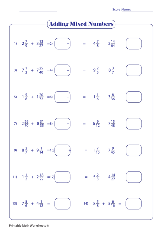 Adding Mixed Numbers 16 Printable pdf