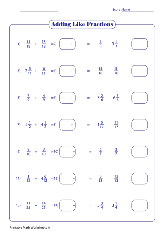 Adding Like Fractions 17 Printable pdf