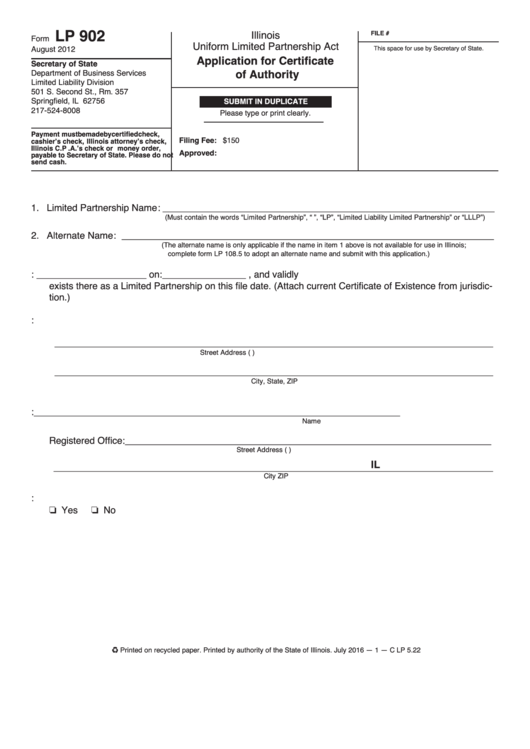 Fillable Form Lp 902 Application For Certificate Of Authority Printable pdf