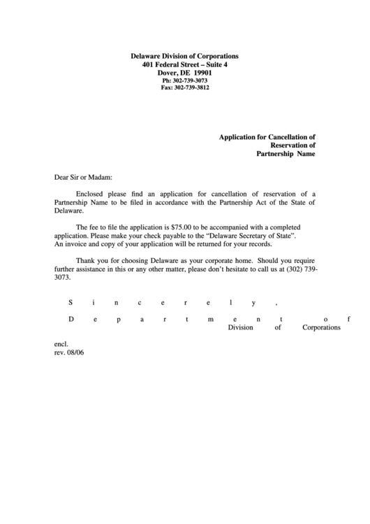 Fillable Application For Cancellation Of A Name Reservation For A Partnership - Delaware Division Of Corporations - 2006 Printable pdf