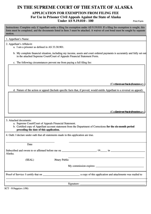 Fillable Application For Exemption From Filing Fee Form Printable pdf