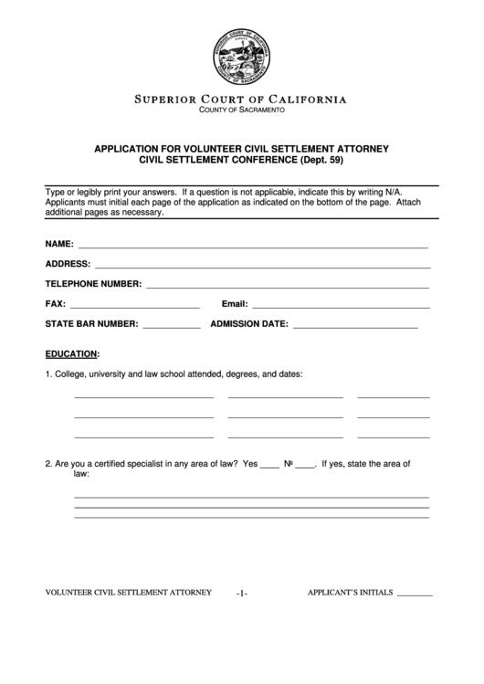 Application For Volunteer Civil Settlement Attorney Printable pdf