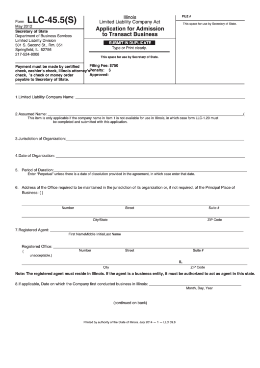 Fillable Form Llc-45.5(S) - Application For Admission To Transact Business Printable pdf