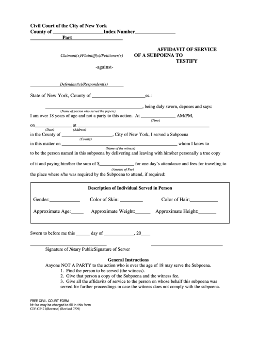 Fillable Affidavit Of Service Of A Subpoena To Testify Printable pdf