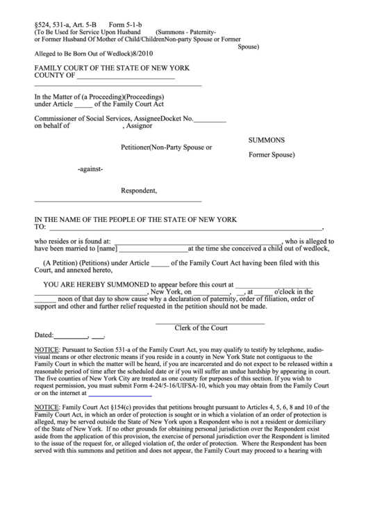 Summons Family Court Of The State Of New York printable pdf download