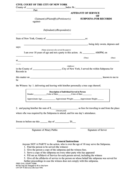 Fillable Affidavit Of Service Subpoena Of Records Printable pdf
