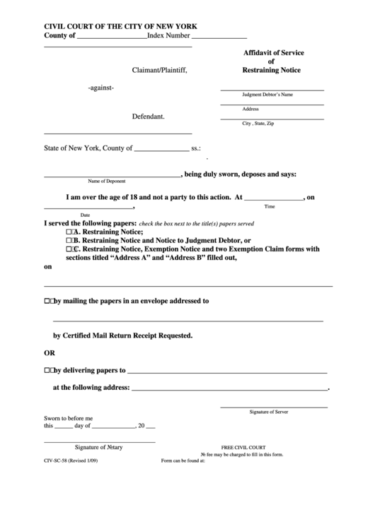 Fillable Affidavit Of Service Of Restraining Notice Printable pdf