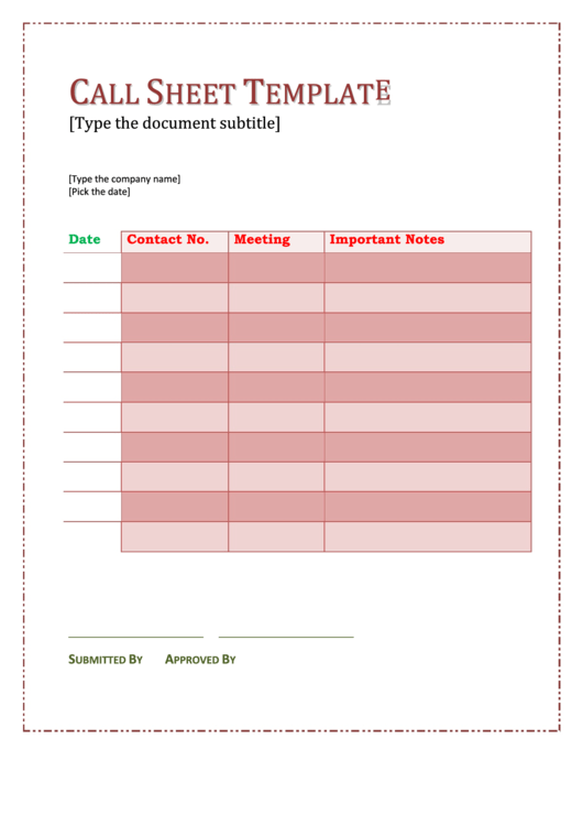 Call Sheet Template Printable pdf