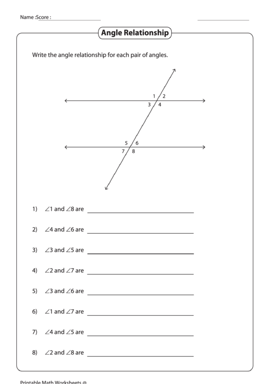 Angle Relationship Worksheet Template Printable pdf