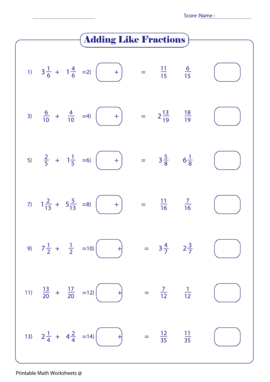 Adding Like Fractions 20 Printable pdf