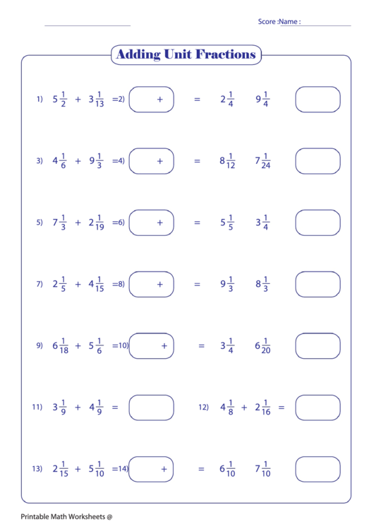 Adding Unit Fractions 20 Printable pdf