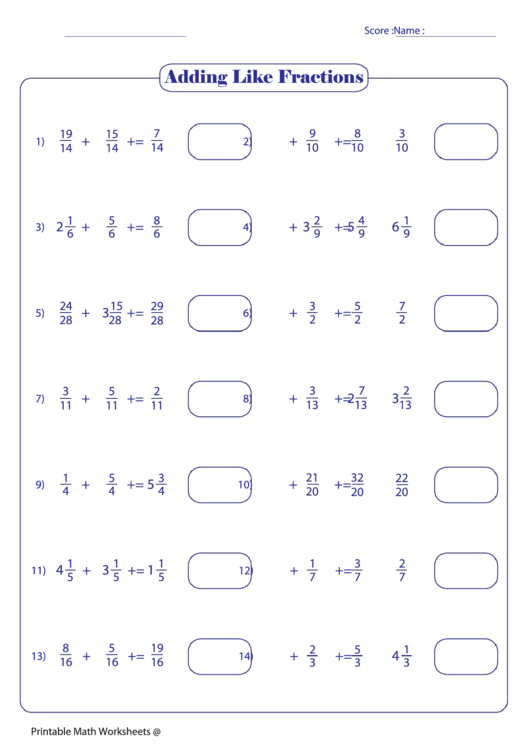 Adding Like Fractions 22 Printable pdf
