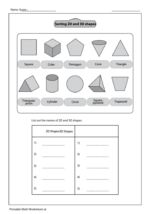sorting 2d and 3d shapes worksheet with answer key printable pdf download