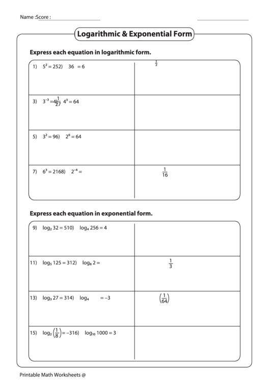 Logarithmic And Exponential Form Worksheet