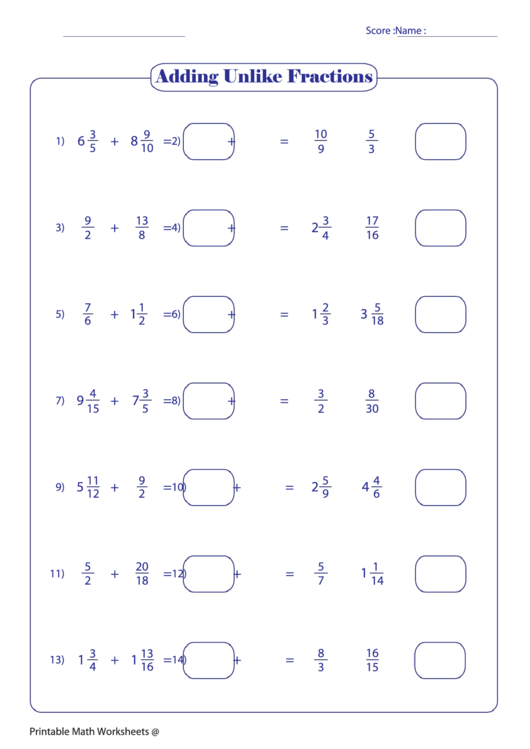 Adding Unlike Fractions 23 Printable pdf