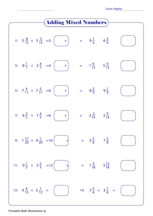 Adding Mixed Numbers 23 Printable pdf