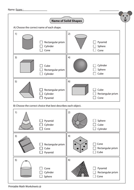 Name Of Solid Shapes Worksheet With Answer Key Printable pdf