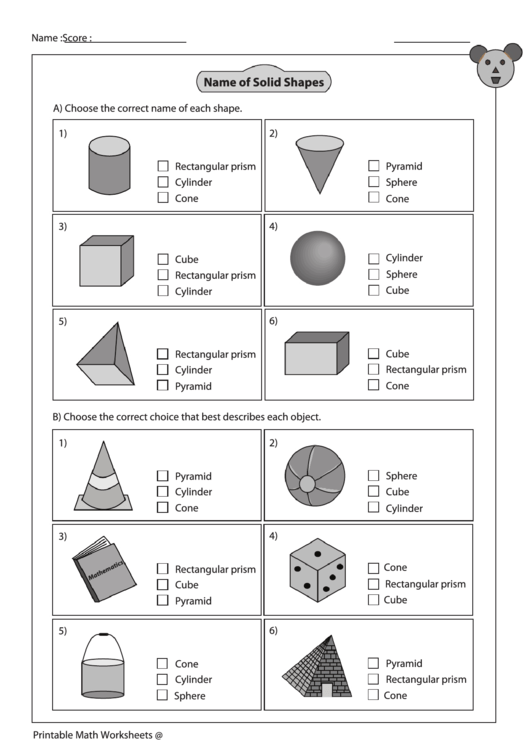 name of solid shapes worksheet with answer key printable pdf download