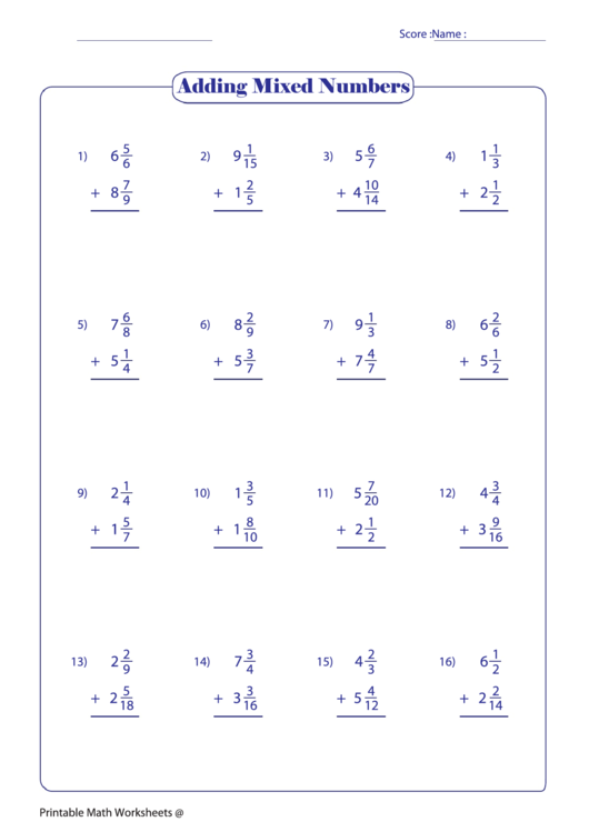 Adding Mixed Numbers 24 Printable pdf