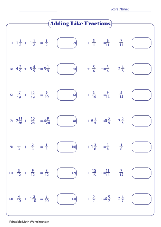 Adding Like Fractions 25 Printable pdf
