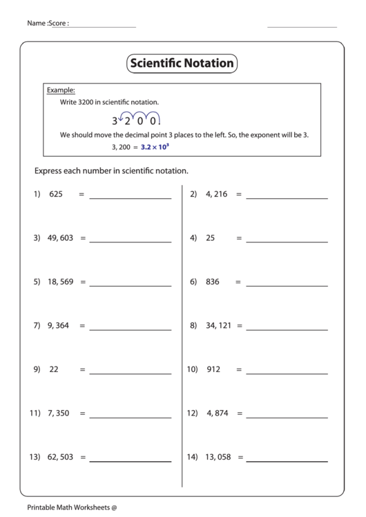 Expressing Numbers In Scientific Notation Worksheet With Answer Key Printable pdf