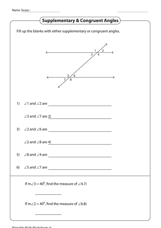 Supplementary And Congruent Angles Worksheet Printable pdf