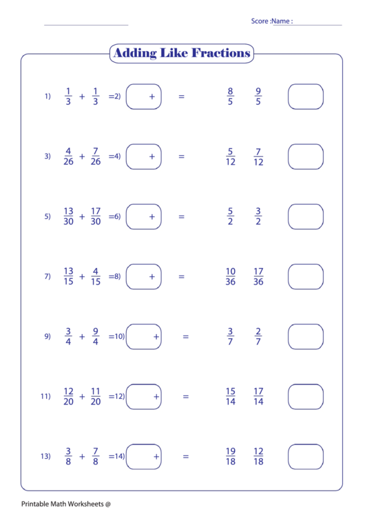 Adding Like Fractions 25 Printable pdf