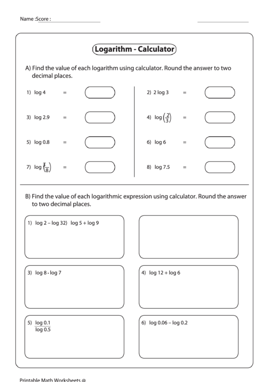 Logarithm Calculator Worksheet Printable pdf