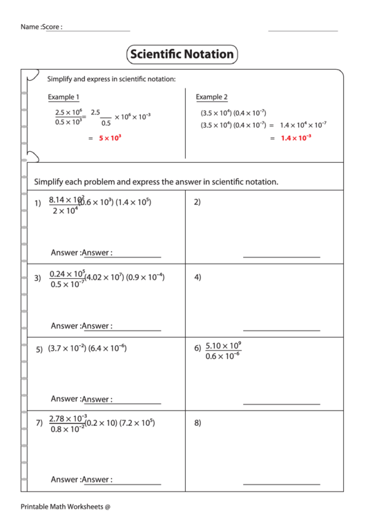 Simplifying Expressions In Scientific Notation Worksheet With Answer ...