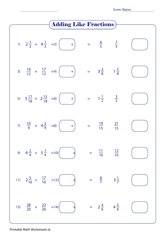 Adding Like Fractions 26 Printable pdf