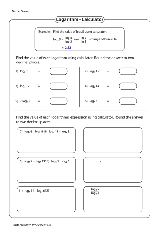 Logarithm Calculator Worksheet Printable pdf