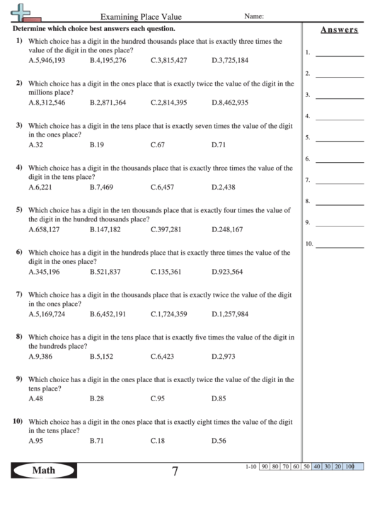 examining place value worksheet with answer key printable pdf download