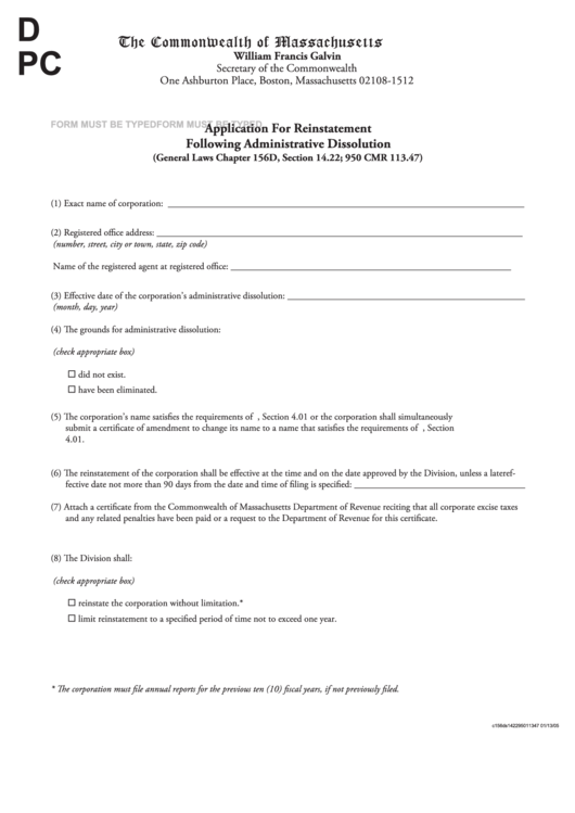 Fillable Application For Reinstatement Following Administrative Dissolution - The Commonwealth Of Massachusetts Printable pdf
