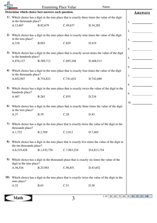 Examining Place Value Worksheet With Answer Key Printable pdf