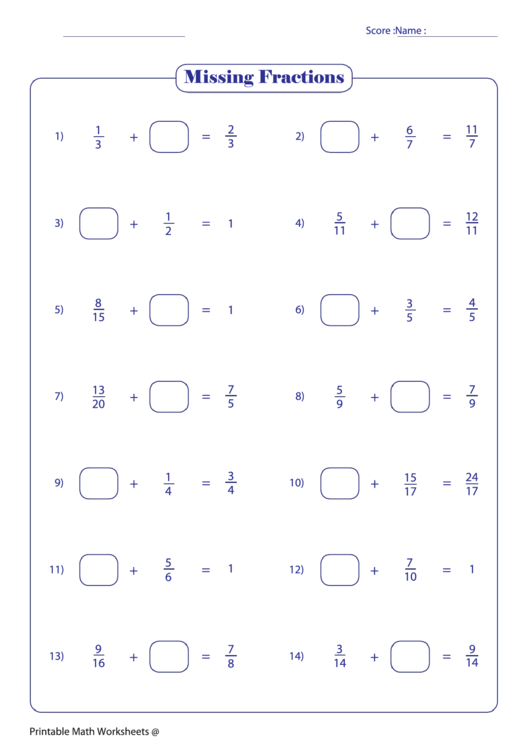 Missing Fractions Worksheet printable pdf download