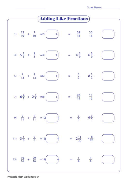 Adding Like Fractions Printable pdf