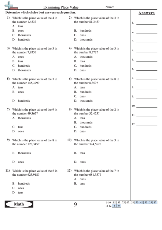 Examining Place Value Worksheet With Answer Key Printable pdf